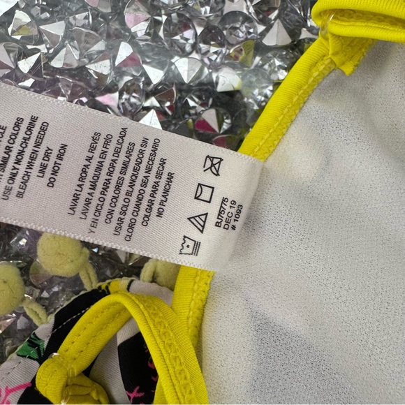 Betsy Johnson bikini top ruffle frilly Pom Pom trim Lemons π striped pink cute - Picture 11 of 12